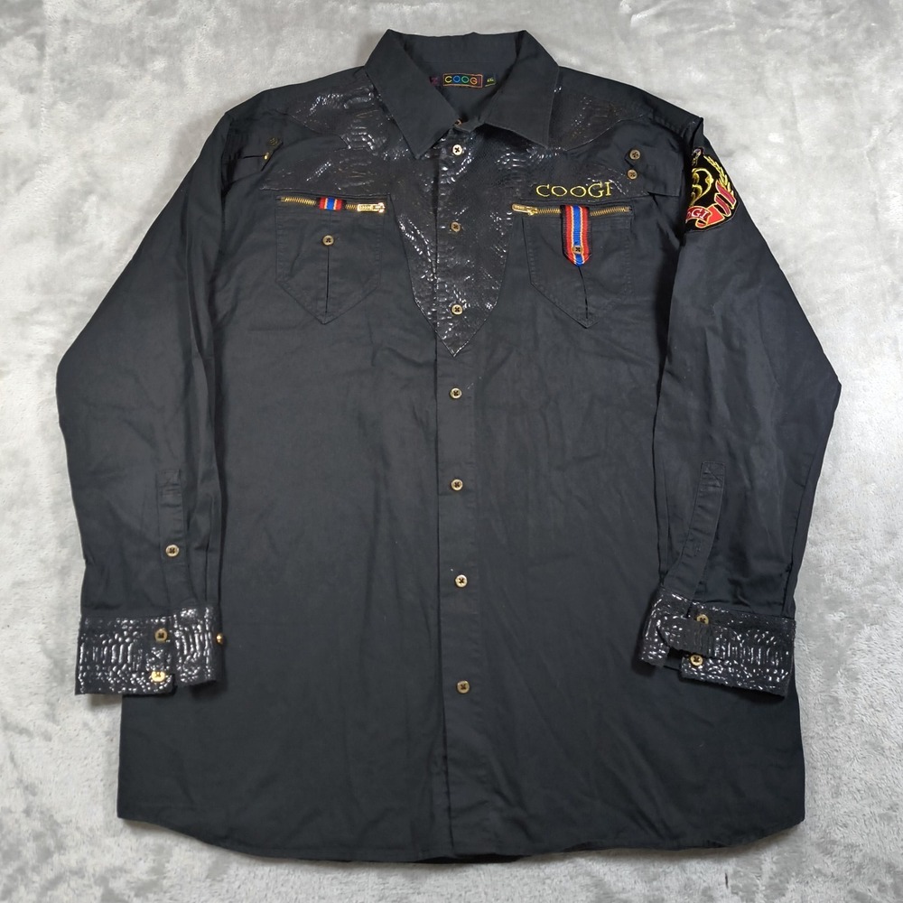 Vintage Coogi Shirt Men 4XL Black Button Up Snakeskin Embroidered Streetwear Y2K